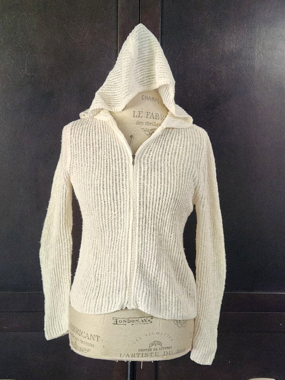 J. Jill Open Knit Zip Up Hoodie Linen Cotton Blend Cream White XSP Petite